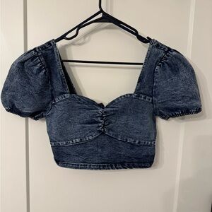 Indigo Denim Sweetheart Puff-Sleeve Crop Top